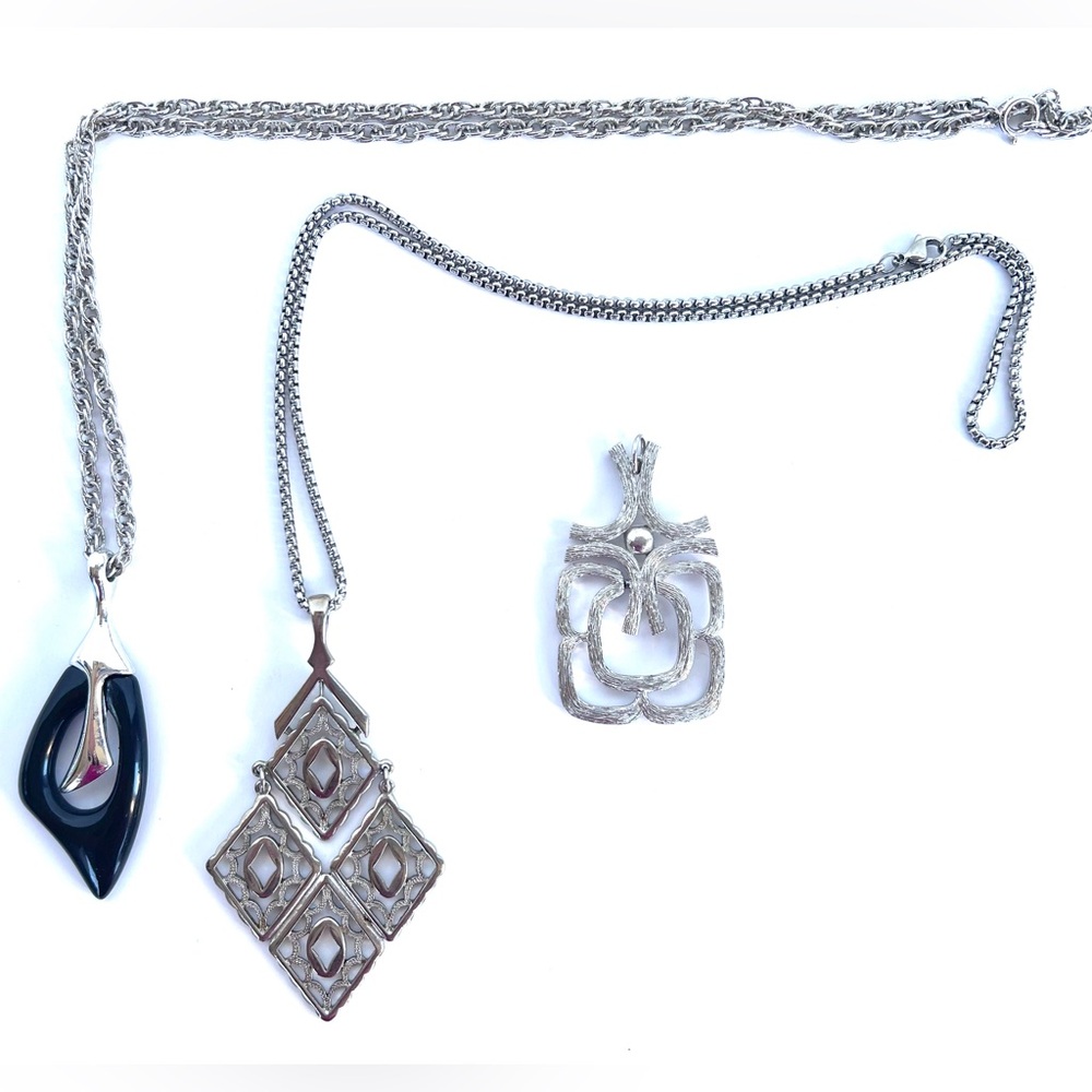 Modernist MCM Style Silver Tone Pendant Necklace Lot 3 Pendants 2 Chains